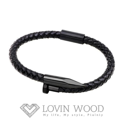 Image of Bracelet Cuir Tressé Pointe De Clou - P.bacon B Noir Bracelets