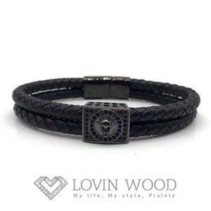 Bracelet Homme Cuir Lion - Wild B Noir / Double Tresse Ronde Bracelets