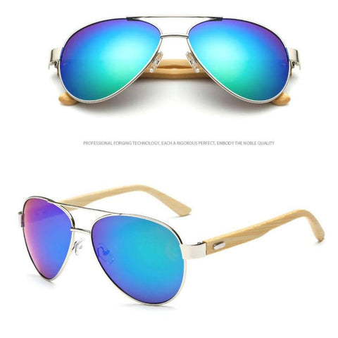 Image of Lunettes De Soleil Mixtes En Bamboo - Uv400 6 Couleurs Modèle Pilote Bleu Vert Lunettes Soleil